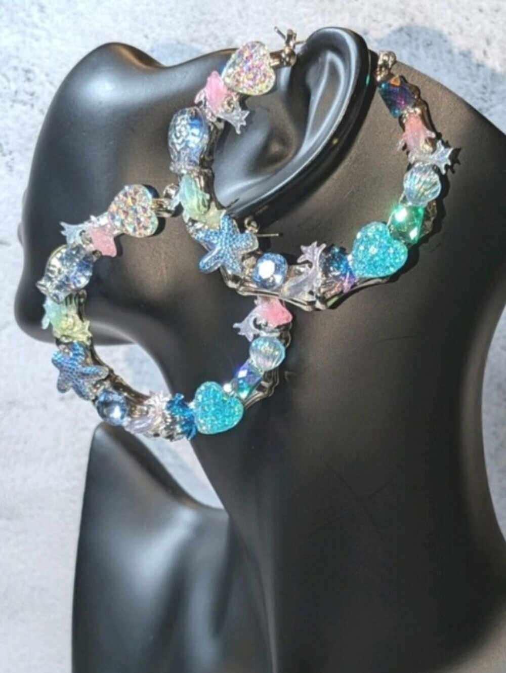 Handmade Iridescent Blue Beach-Themed Hoop Earrings